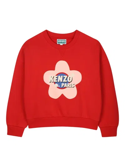 Kenzo Kids Floral Print Sweater With Ribbed Hems For Girls In Red