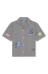 KENZO KIDS' GINGHAM SHORT SLEEVE GRAPHIC BUTTON-UP SHIRT