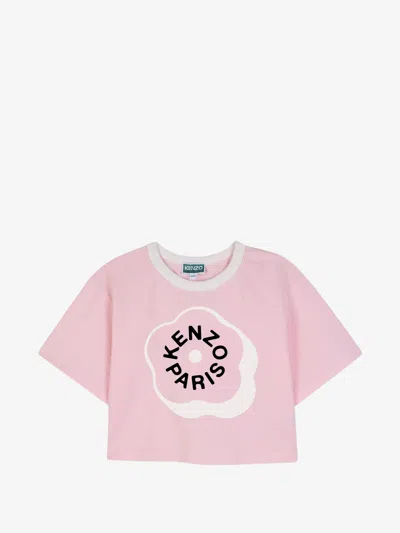 Kenzo Kids Girls Cropped T-shirt With Contrasting Neck And Front Print In Rosa