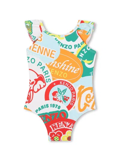 Kenzo Kids Kids' One-piece Swimsuit With Multicolored Print And Ruffles In Multicolour