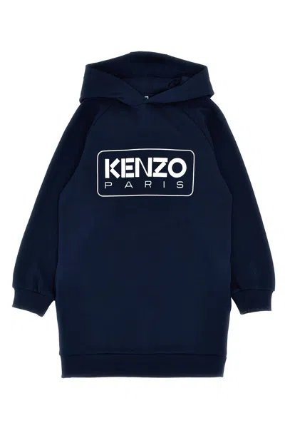 Kenzo Kids Logo Print Hooded Dress In Blue