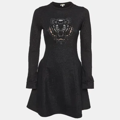 Pre-owned Kenzo Kids Metallic Black Tiger Embroidered Jersey Knit Dress 14 Yrs