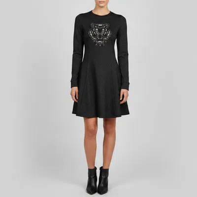 Pre-owned Kenzo Kids Metallic Black Tiger Embroidered Jersey Knit Dress 16 Yrs