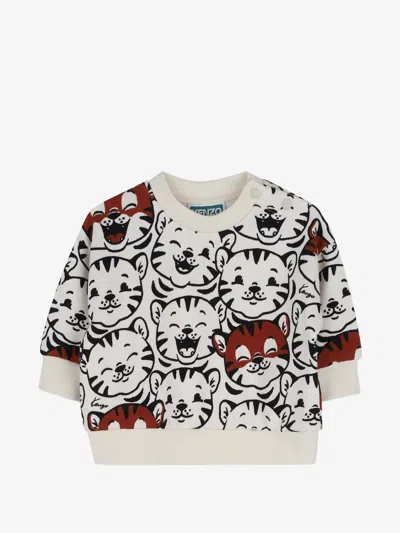 Kenzo Kids Mini All-over Print Cotton Crewneck Sweatshirt With Snap Closure In White