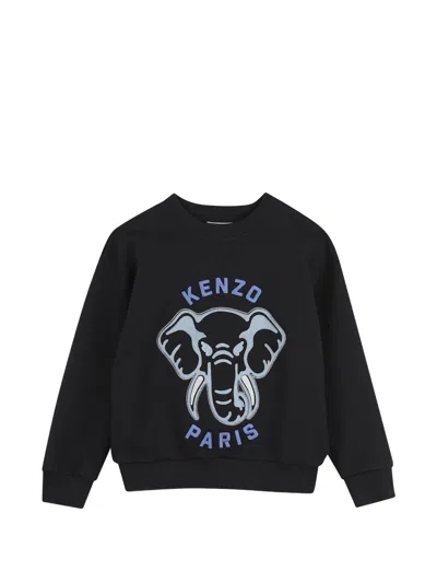 Kenzo Kids Mini Boy Cotton Crewneck Sweatshirt With Front Embroidered Logo In Black