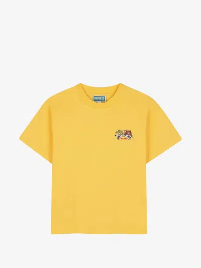 Kenzo Kids Mini Boys Crew Neck Cotton T-shirt With Chest And Back Print In Giallo