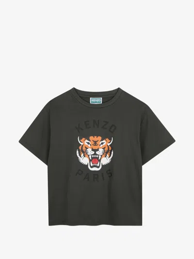 Kenzo Kids Mini Boys Crew Neck T-shirt With Front Logo Print In Verde