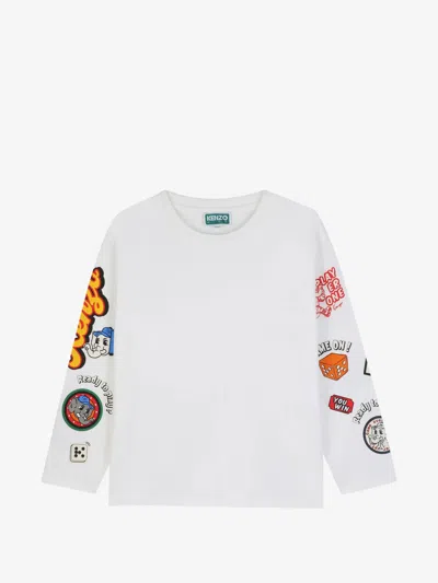 Kenzo Kids Mini Boys Crew Neck T-shirt With Sleeve Print In Bianco