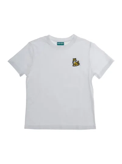Kenzo Kids Mini Cotton Crew Neck T-shirt With Front Embroidered Logo And Back Lettering In White