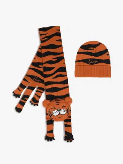 Kenzo Kids Mini Embroidered Logo Beanie And Tiger Scarf Set For Boys In Orange