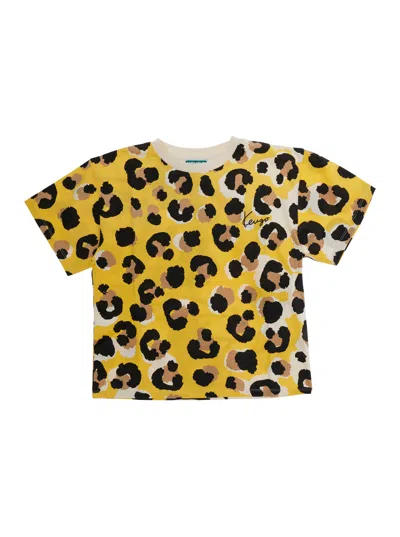 Kenzo Kids Mini Girl All-over Print Cotton Crew Neck T-shirt In Yellow