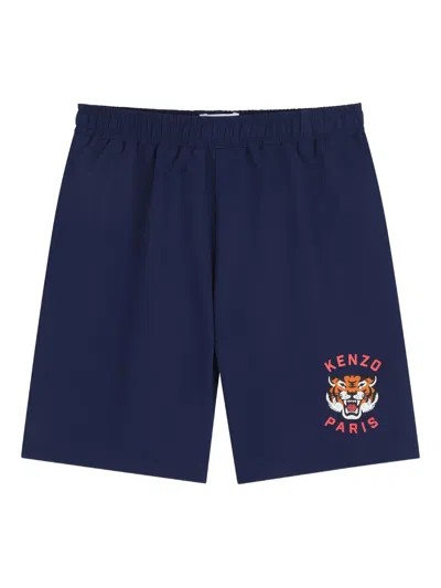 Kenzo Kids Mini Iconic Tiger Print Drawstring Shorts In Blue