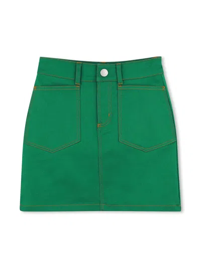 Kenzo Kids Mini Skirt With Contrast Stitching And Floral Appliqué In Green