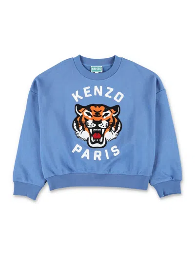 Kenzo Kids Mini Stylish Cotton Fleece Sweatshirt With Logo In Pale Blue/tiger