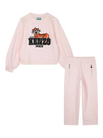 Kenzo Kids Mini Tiger Graphic Long Sleeve Outfit With Zipped Trousers In Pink