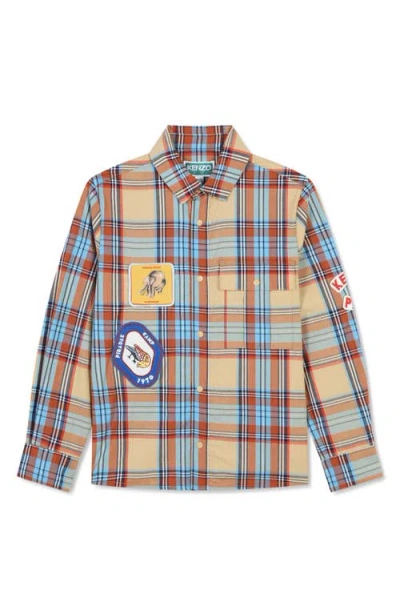 Kenzo Kids' Plaid Snap-up Overshirt In Beige