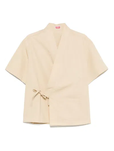 Kenzo Cotton Short Sleeve Kimono Shirt In Beige