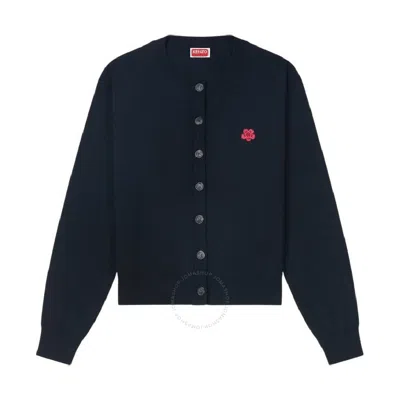 Kenzo Knitted Flower Patch Wool Cardigan In Black