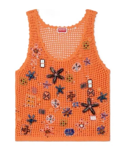 Kenzo Knitted Tank Top In Cotton Mesh In Orange