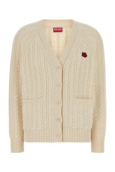 Kenzo Beige V-neck Flower Embroidery Cardigan In Neutral