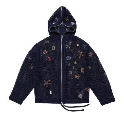 Pre-owned Kenzo L-elevated Crochet Embellished Full Zip Hoodie 'navy' | Blue | Men's Size M