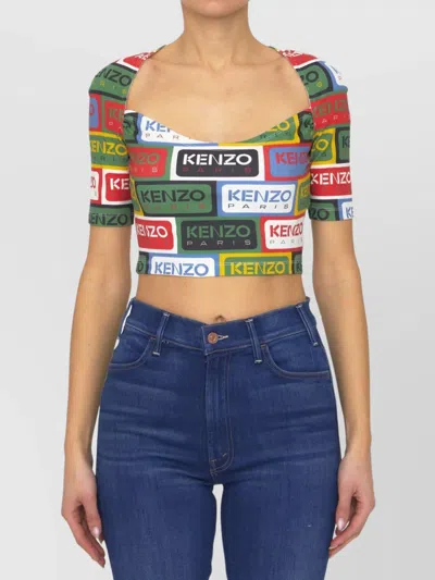 KENZO LABELS MOTIF SWEETHEART NECKLINE CROPPED TOP