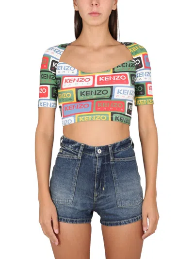 Kenzo Labels Square Neck Short Top In Blue