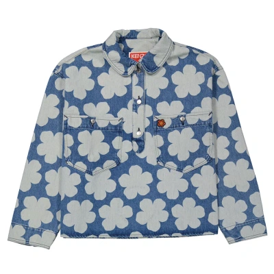 Kenzo Ladies Poppy Print Denim Polo Overshirt In Blue