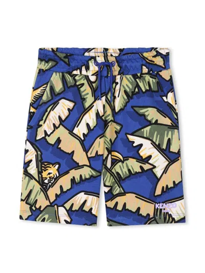 Kenzo Kids' Leaf-print Bermuda Shorts In Blue