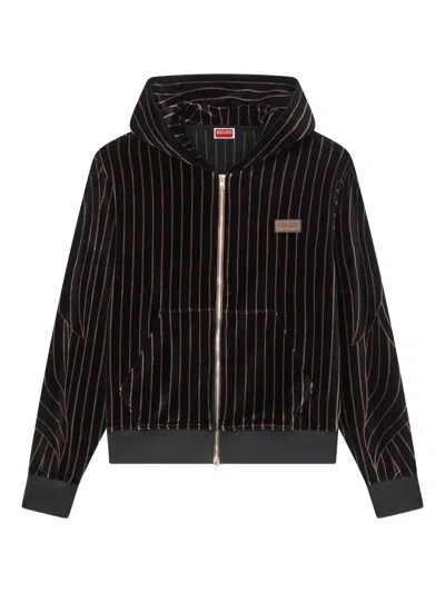 Kenzo Leaf Stripe Zipped Velvet Hoodie In Black