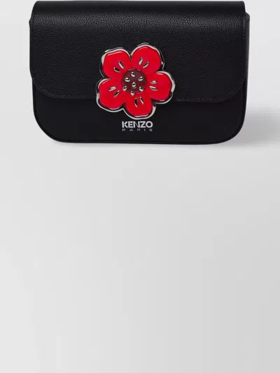 Kenzo Leather Clutch With External Pocket And Floral Embellishment In Black