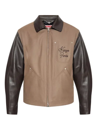 KENZO EMBROIDERED LEATHER-SLEEVES JACKET