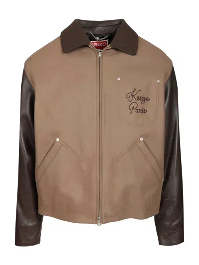 KENZO LEATHER-SLEEVED EMBROIDERED JACKET COATS BEIGE