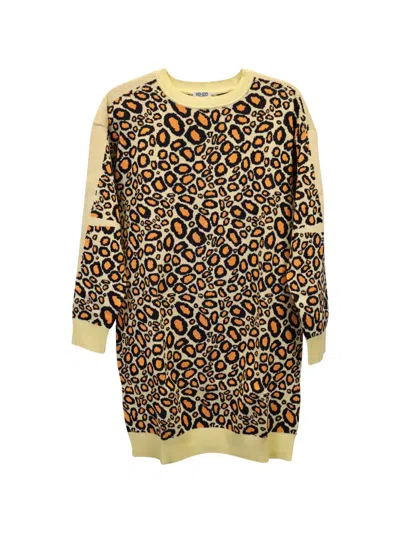 Pre-owned Kenzo Leopard-intarsia Sweater Dress In Neutral