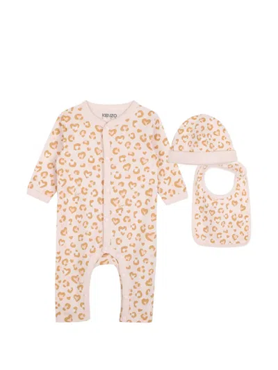 Kenzo Babies' Leopard-print Heart-motif Textile Set In Pink