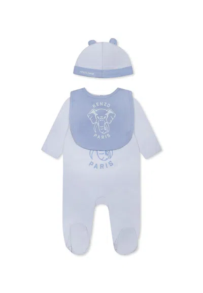 Kenzo Kids' Light Blue Babygrow Set For Baby Boy With Elephant