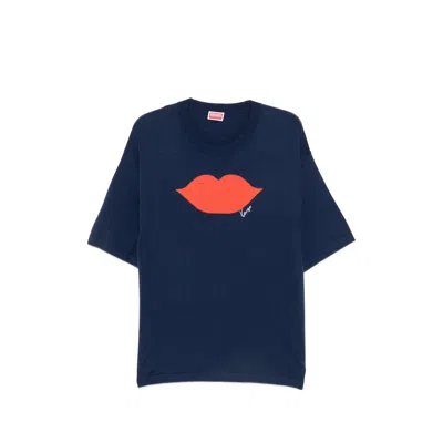 Kenzo Lips Intarsia Short-sleeved Wool-blend Knit Sweater In Blue