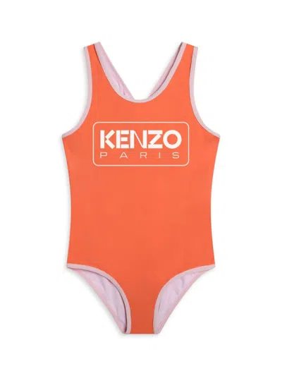 Kenzo Kids' Logo-print Contrastring-trim Swimsuit In Poppy
