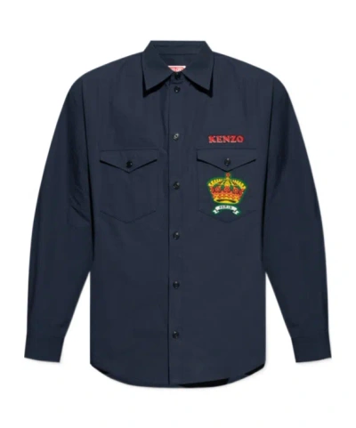 Kenzo Logo-appliqué Cotton Shirt In Blue