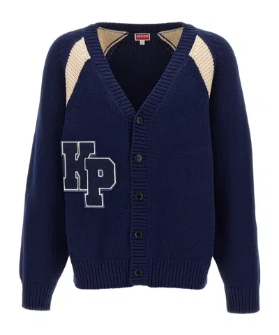 Kenzo Logo-appliqué Wool Cardigan In Blue