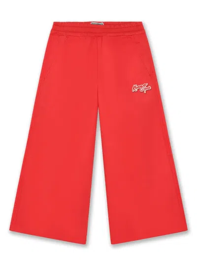 Kenzo Kids' Logo-appliqué Cotton Wide-leg Trousers In Red