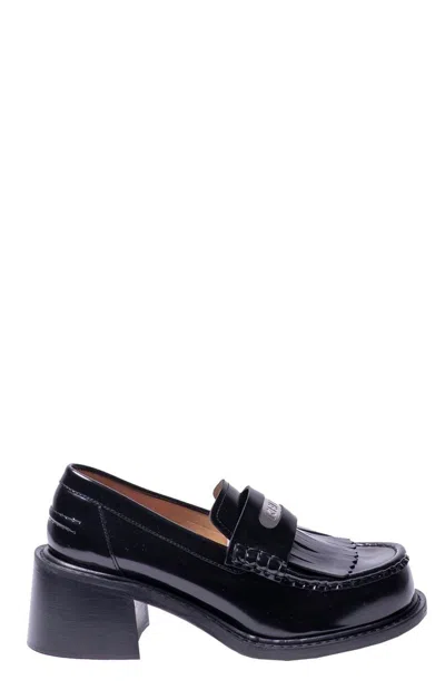 Kenzo Black Leather Fringed Smile Heeled Loafers