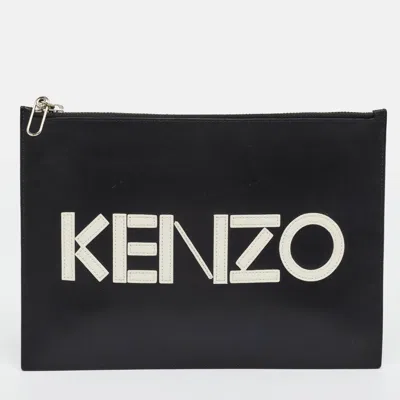 Pre-owned Kenzo Logo Black Leather Flat Pouch