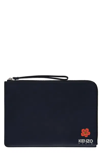 Kenzo Logo Detail Flat Leather Pouch In Blue