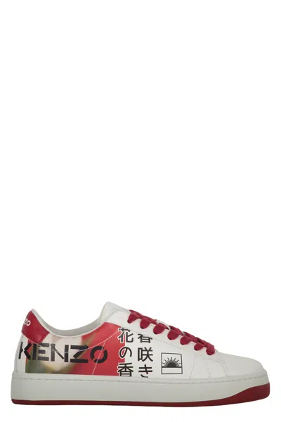 Kenzo Logo Detail Leather Sneakers In White