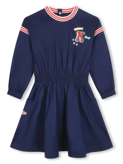 Kenzo Kids' Logo-embellished Cotton Flared Dress In Blue