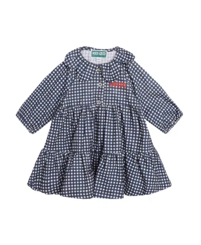 Kenzo Logo-embroidered Check-print Dress In Gray