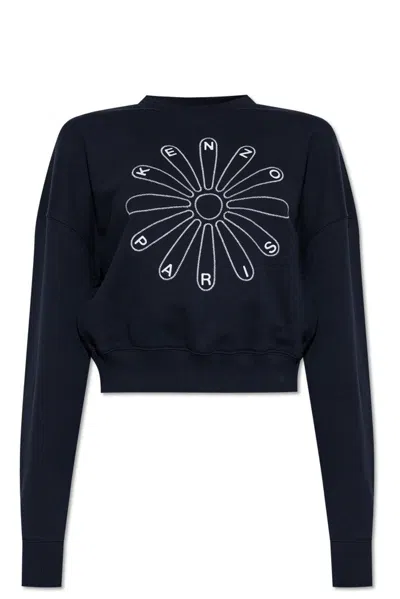 Kenzo Logo Embroidered Cropped Sweatshirt In Black