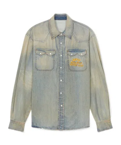 Kenzo Logo-embroidered Denim Shirt In Gray