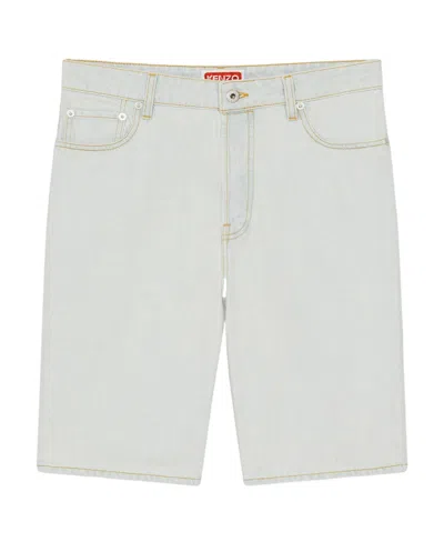 Kenzo Logo Embroidered Denim Shorts In White